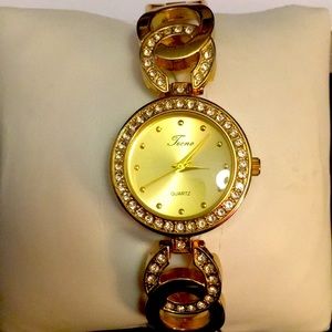 Gold tone and rhinestones Quartz link bracelet watch